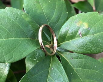 May include: A simple gold band ring on a bed of green leaves.