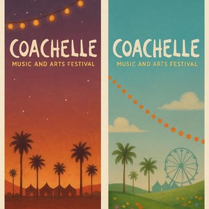 May include: Two vintage-style posters for the Coachella Music and Arts Festival. One features a sunset with palm trees and tents, the other a daytime scene with a Ferris wheel and flowers. Both posters have the festival name.