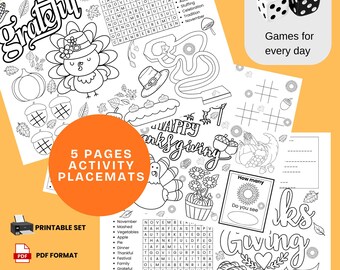 Thanksgiving Activity Placemats: Games, fun coloring and puzzle pages for kids (Printable PDF Download)