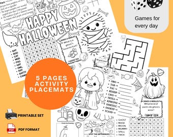 Halloween-aktivitetsunderlägg: Spöklika spel, labyrinter och målarbilder (utskrivbar PDF)