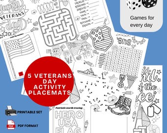 Veterans Day Activity Placemats: Patriotic Worksheets for Kids (PDF Printable Download)