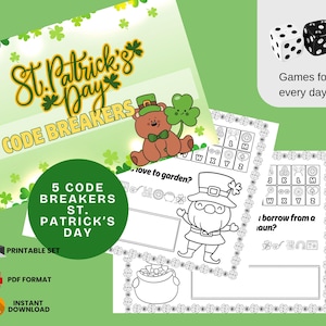 May include: A St. Patrick's Day printable set with code breakers, a leprechaun, a pot of gold, and a teddy bear holding a shamrock. The set includes the text "5 Code Breakers St. Patrick's Day" and "Games for every day".