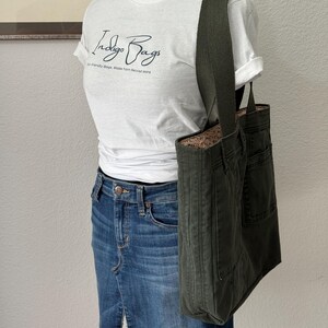 Anthropologie Upcycled Army Green Utility Jean Tote Bag - earth tone ditsy image 6