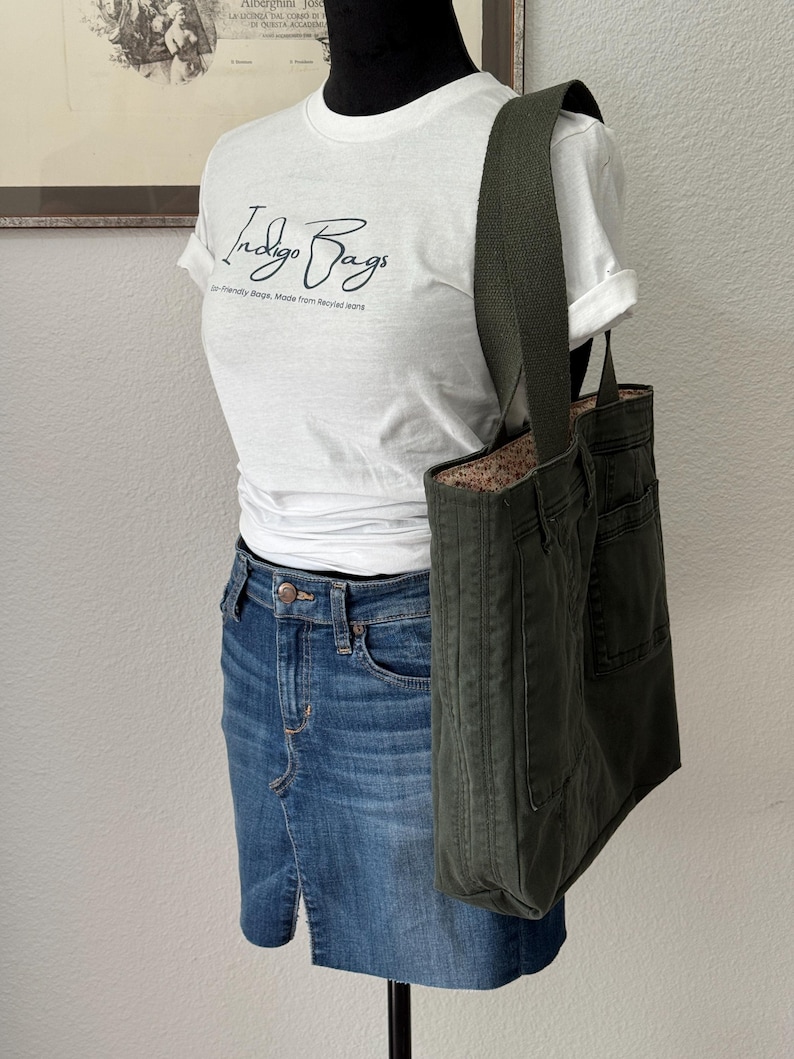 Anthropologie Upcycled Army Green Utility Jean Tote Bag - earth tone ditsy image 6