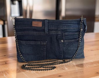 NEW PAIGE Upcycled Denim Clutch with Removable Chain Strap – blue ditsy
