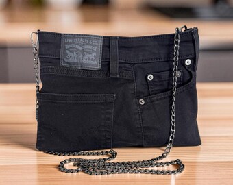 Levi's Upcycled Black Denim Clutch with Removable Chain Strap – black floral