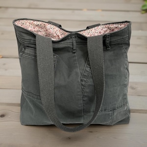 Anthropologie Upcycled Army Green Utility Jean Tote Bag - earth tone ditsy image 1