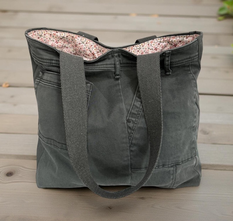 Anthropologie Upcycled Army Green Utility Jean Tote Bag - earth tone ditsy image 1