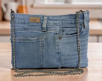 NEW PAIGE Upcycled Denim Clutch with Removable Chain Strap – blue foral