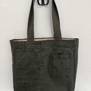 Anthropologie Upcycled Army Green Utility Jean Tote Bag - earth tone ditsy image 5