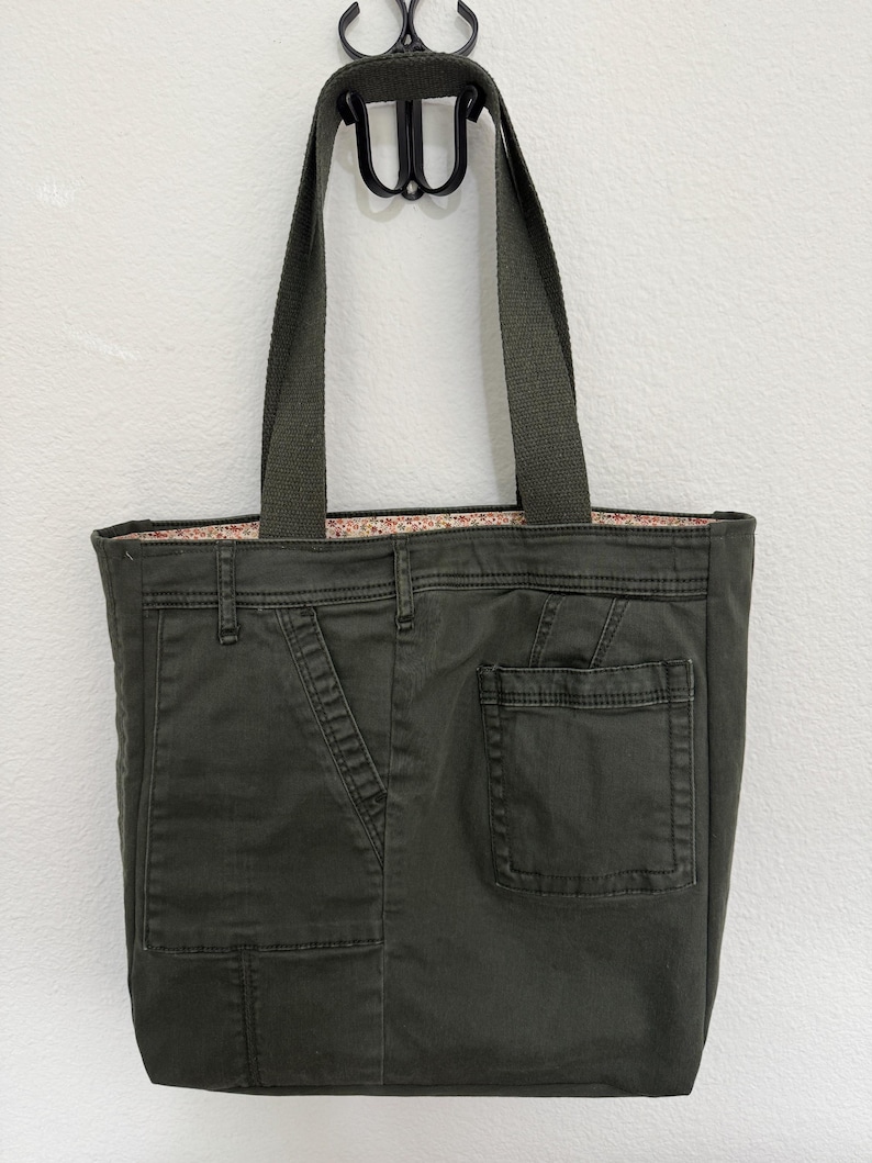 Anthropologie Upcycled Army Green Utility Jean Tote Bag - earth tone ditsy image 5