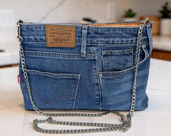 NEW Levi's Upcycled Denim Clutch with Removable Chain Strap – orange dots