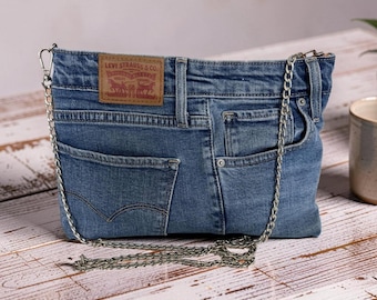 Levi's Upcycled Denim Clutch with Removable Chain Strap – orange dots