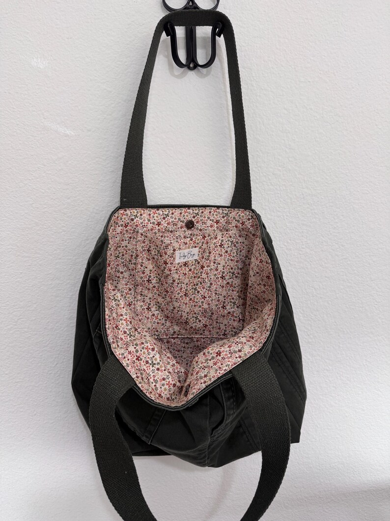 Anthropologie Upcycled Army Green Utility Jean Tote Bag - earth tone ditsy image 3