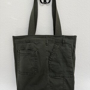 Anthropologie Upcycled Army Green Utility Jean Tote Bag - earth tone ditsy image 4