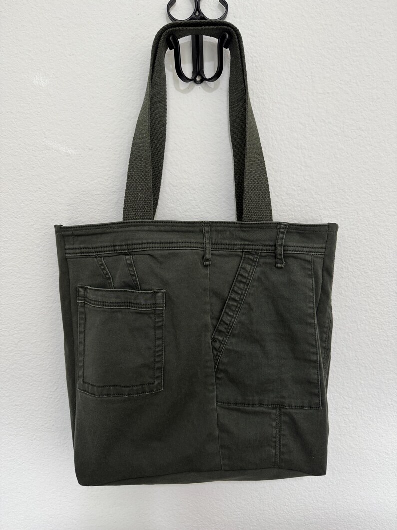 Anthropologie Upcycled Army Green Utility Jean Tote Bag - earth tone ditsy image 4