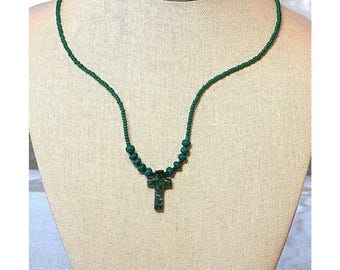 Handcrafted Green Beaded Cross Necklace - 18"
