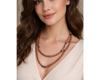Double Strand Natural Wood Beaded Necklace with Brass Accents - 40"