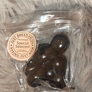 May include: A clear plastic bag containing a cluster of black garlic cloves. The bag has a brown label with the text "Just Baked Fresh Handmade Special Selected It is made of selected ingredients Baking Just Now".