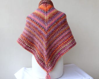 Colourful Hand Knit Shawl Triangle Pink Wrap Colourful Scarf Pink Shawl