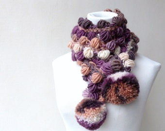 Purple Scarf with Pompoms , womens purple scarf, wool scarf, ON SALE