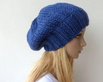 Blue Hand Knit wool Beanie Slouchy hat for men and women