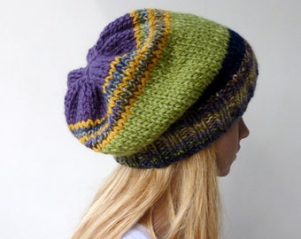 Multi colour slouch Beanie Knit hat Colourful Slouch Hat Green Beanie Colorful beanies Purple Beanie Greenery