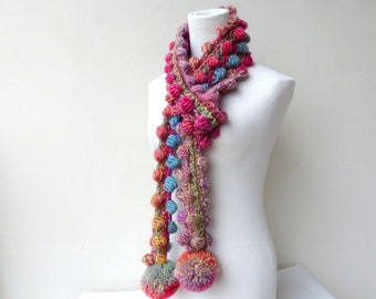 Pastels Scarf Pompom Scarf Crochet Pink Scarf Multicolor | Etsy