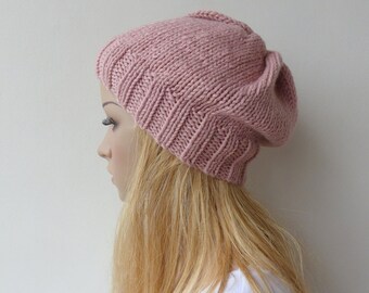 Gorro rosa empolvado, gorro tejido a mano, gorro rosa para mujer
