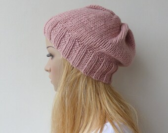 Dusty Pink Beanie, hand knitted beanie, womens pink beanie