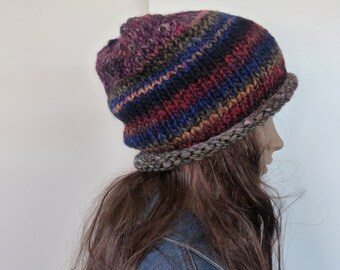 Slouchy beanie hand knit earthy colours chunky yarn slouchy hat
