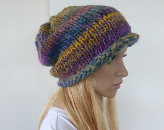 Slouchy beanie hand knit multicolour chunky yarn slouchy hat