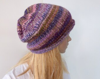 Hand knitted purple beanie slouch pink