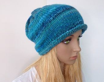 Hand knitted blue beanie slouch turquoise