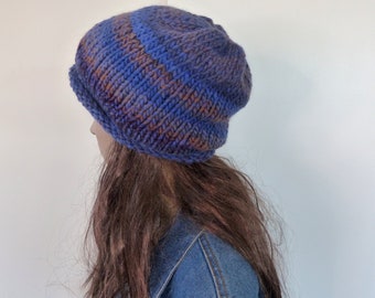 Purple hand knit beanie slouchy hat