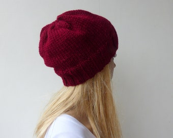 Men or Womens Beanie in Burgundy Red Merino wool Hand knitted