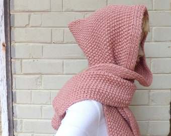 Pink Hood Scarf for women Hand knitted Dusty Pink Wool Scarf