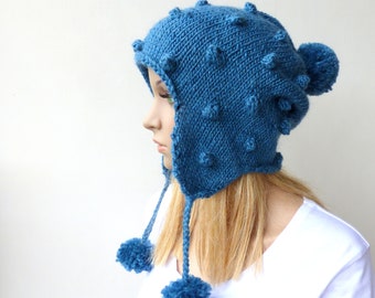 Unique blue wool beanie with bobbles and pompoms