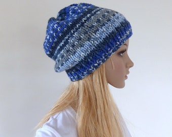 Blue Beanie Womens Hand Knit hat Mens Slouchy Beanie hat