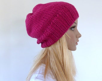 Pink Beanie Women hand knit in merino wool