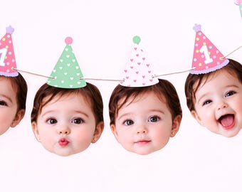 Custom Face Garland, Photo Face Banner, 1st Birthday Decoration, Baby First Birthday, Face Cutout, Kids Party Decorations, 1st Birthday Girl