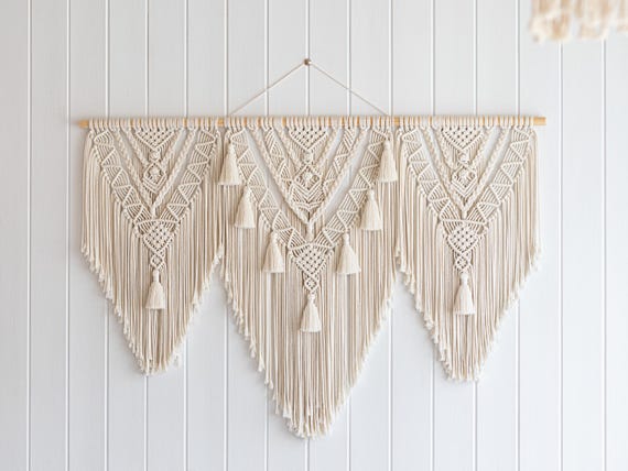 Large Macrame Wall Hanging Boho Home Decor Neutral Wall Art for Bedroom Macrame Tapestry with Tassels Handmade Fiber Art Living Room Accent