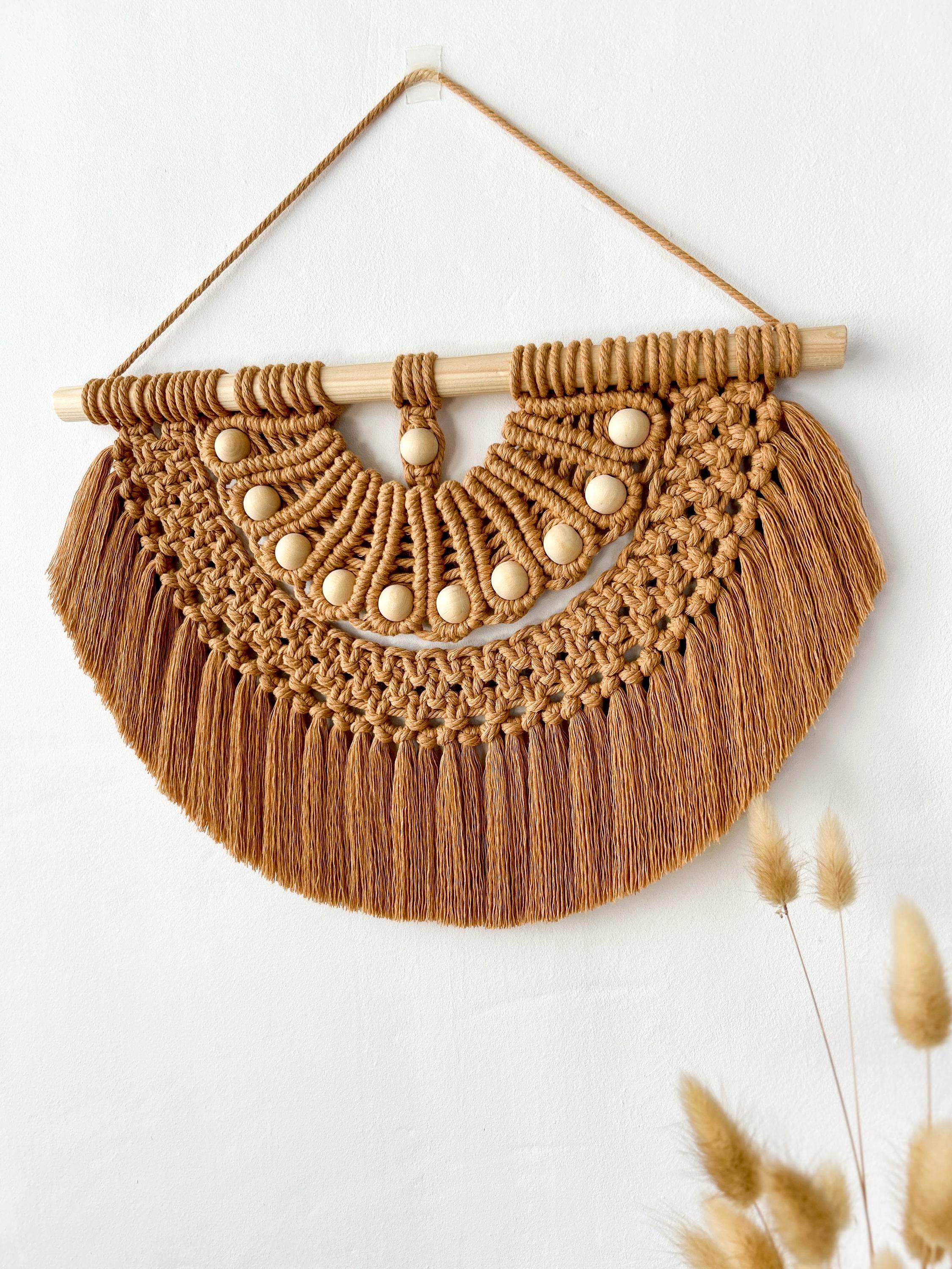 Relaxdays Arazzo Macramè Da Parete – Fatto A Mano, Stile Boho, Cotone E Legno, 70x25,5 Cm, Crema