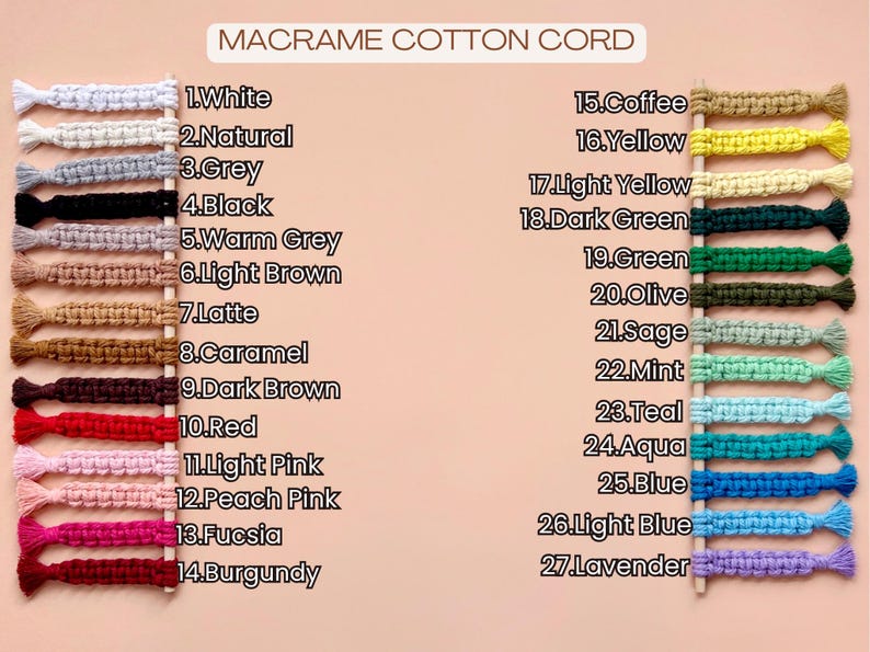 May include: A color chart of macrame cotton cord samples. The image displays 27 color swatches, including white, grey, black, red, pink, and blue. Each sample is labeled with a number and color name, ideal for craft projects.