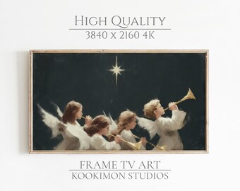 May include: A framed digital art print featuring a celestial scene. Four figures in white robes with wings play golden trumpets under a bright star against a dark background. Text at the top reads "HIGH QUALITY 3840 x 2160 4K".