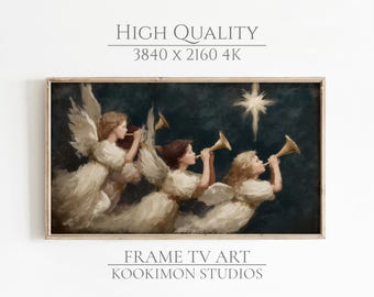 May include: A framed painting depicts three angels with white wings and flowing robes playing trumpets. A bright star shines in the background. The text "HIGH QUALITY 3840 x 2160 4K" and "FRAME TV ART KOOKIMON STUDIOS" are visible.
