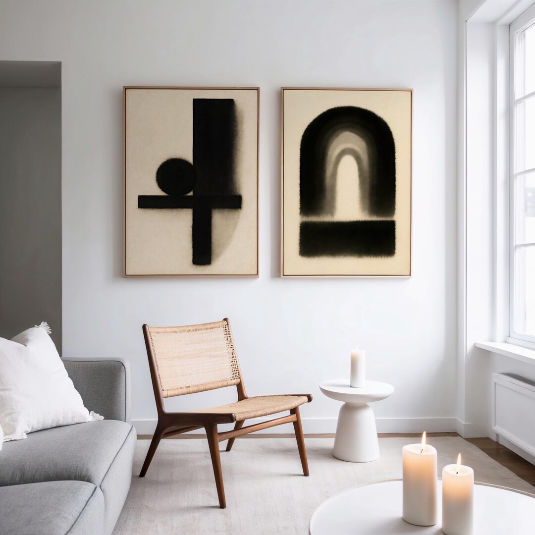 Japandi Wall Art Set of 2: Geometric Abstract Two Piece Artworks ...