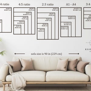 A graphic display of various picture frame ratios and dimensions, along with a sofa size measurement. The composition presents a grid of different ratios, from 11:14 to 3:4, each with corresponding dimensions in inches and centimeters. The setting is an interior scene, depicting a neutral beige sofa and a white wall with the Kookimon Studios logo above the couch on the right side.