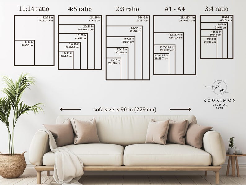 A graphic display of various picture frame ratios and dimensions, along with a sofa size measurement. The composition presents a grid of different ratios, from 11:14 to 3:4, each with corresponding dimensions in inches and centimeters. The setting is an interior scene, depicting a neutral beige sofa and a white wall with the Kookimon Studios logo above the couch on the right side.