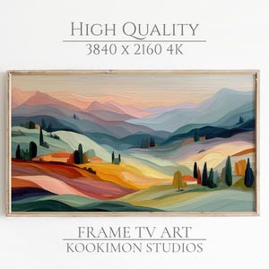Puede incluir: Pintura de paisaje enmarcada con colinas y montañas en tonos naranja, amarillo, azul y verde. La obra de arte incluye el texto "HIGH QUALITY 3840 x 2160 4K" y "FRAME TV ART KOOKIMON STUDIOS."